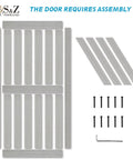 Top Tier Sliding Barn Door Measures 32 By 84 Inches in Elephant Gray panel parts with assembly instructions and screws.