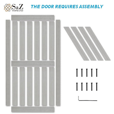 Top Tier Sliding Barn Door Measures 32 By 84 Inches in Elephant Gray panel parts with assembly instructions and screws.