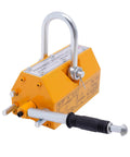 Heavy Duty Steel Magnetic Lifter With Rubber Grip And U Shackle Hook, yellow tool for safely moving scrap metal in garages.