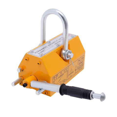 Heavy Duty Steel Magnetic Lifter With Rubber Grip And U Shackle Hook, yellow tool for safely moving scrap metal in garages.