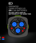 Bottom view of WeatherReady LED Camping Lantern Pro 360 showing battery slots for 3D or 3AA systems. Diagram with blue and red slots.