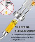 Semi Automatic Paste Bottle Filling Machine Single Head Stainless Steel Liquid Pump showing anti-drip nozzle with liquid.