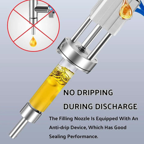 Semi Automatic Paste Bottle Filling Machine Single Head Stainless Steel Liquid Pump showing anti-drip nozzle with liquid.