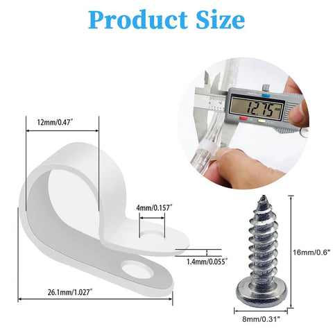 100 Pack Half Inch P Style Rope Light Clips With Stainless Steel Screws For Outdoor Use Complete Heavy Duty Kit with measurements