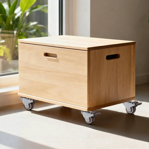 1.5 Inch Rubber Caster Wheels With Brake And Bonus Tools Ultra Smooth Roll Swivel Casters 360 Degree Turning For Sofas Tables And Workbenches 300 Lbs Capacity Set Of 4 No Sweat Setup Now on a wooden storage box.