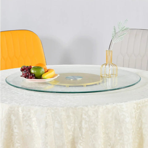 Big Ol Tempered Glass Lazy Susan Turntable For Dining Table Large Tabletop Rotating Tray with fruit bowl and vase centerpiece.