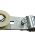 Close-up of upgraded chain idler pulley with precision bearing wheel for bicycle engine kit, featuring metal housing.