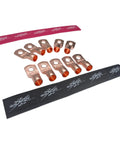 Pack Of Ten 1/0 Gauge Copper Ring Terminal Connectors With Red Black Heat Shrink Tubing 3/8 Inch Stud, showing copper connectors and heat shrink.