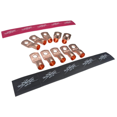 Pack Of Ten 1/0 Gauge Copper Ring Terminal Connectors With Red Black Heat Shrink Tubing 3/8 Inch Stud, showing copper connectors and heat shrink.