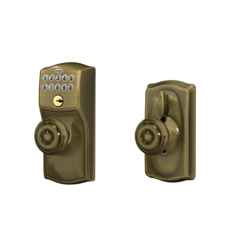 Camelot Keypad Lock With Knob, Keyless Door Entry And Electronic Lock, Flex Lock Auto Lock Option, Antique Brass Finish, FE595 CAM 609 GEO