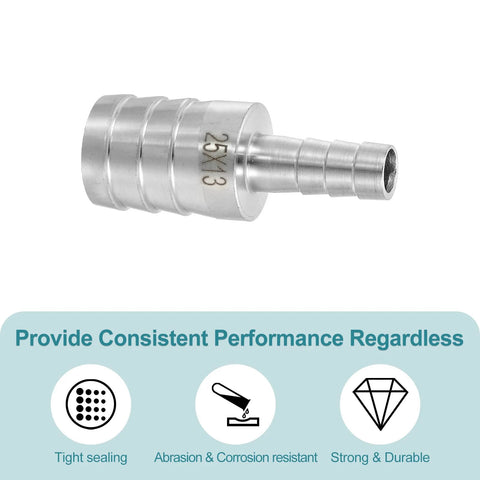 Side view of uxcell 1 in to 1/2 in stainless steel hose barb reducer fitting