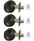 Keyed Alike Deadbolt Set for Exterior Front Doors, Single Cylinder Entry Lock With Same Key, 3 Pack Includes 9 Keys, Matte Black