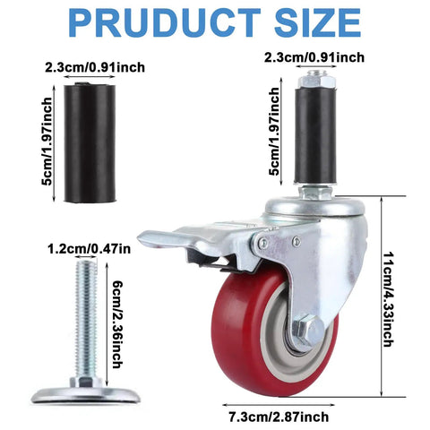 Four Pack Heavy Duty Prep Table Wheels Featuring Silky Smooth Rolling Polyurethane Treads And No Hassle Adjustable Expanding Stem Casters Fit 7/8 To 1 Inch Steel Tubes For Workspaces size diagram showing measurements of wheels and stems.
