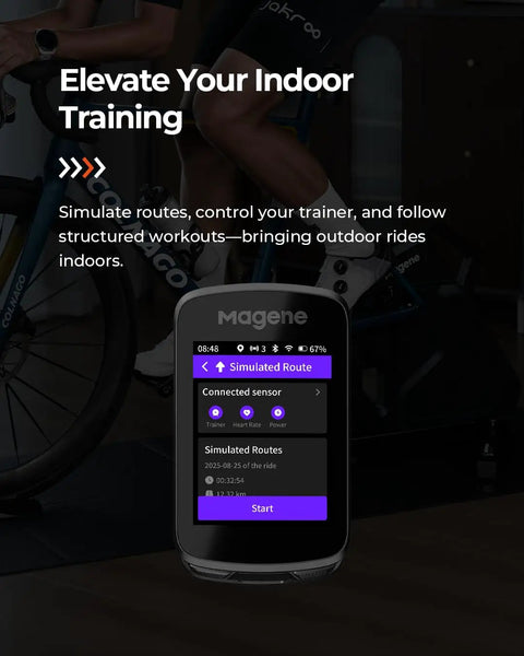 Pro GPS Bike Computer With 2.8 Inch Transflective Screen showing indoor training simulation interface.