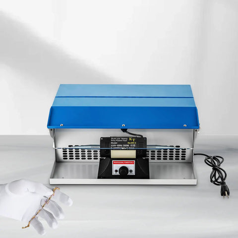 200W Jewelry Polishing Machine Desktop Buffing Tool With Light 110V 0 To 10000 RPM on table with glove holding jewelry