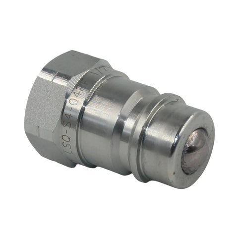 Hydraulic quick-connect male coupler with ball valve, metal, 1/2 in NPT, close-up view