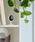 2K Indoor WiFi Security Cam With Magnetic Base And Flexible Mount Pet And Baby Monitor on a shelf beside decor and plants