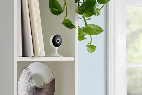 2K Indoor WiFi Security Cam With Magnetic Base And Flexible Mount Pet And Baby Monitor on a shelf beside decor and plants