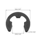 12mm External Retaining E Clip Circlip Snap Ring Set for Shafts and Mechanisms, Carbon Steel with Black Finish, dimensions shown