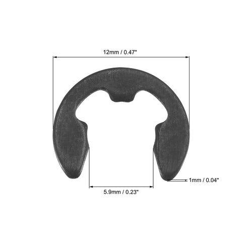 12mm External Retaining E Clip Circlip Snap Ring Set for Shafts and Mechanisms, Carbon Steel with Black Finish, dimensions shown