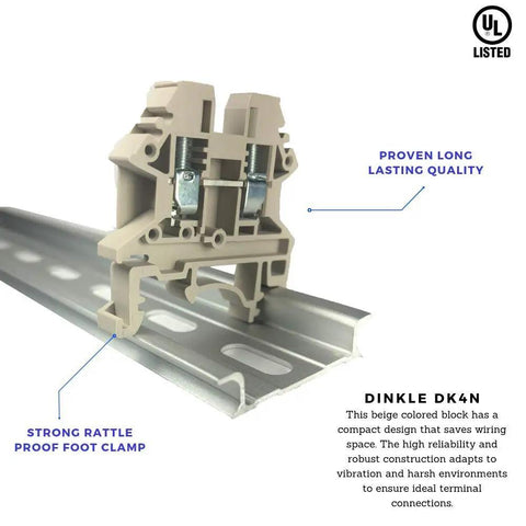 DK4N DIN Rail Terminal Block Screw Type UL 600V 30A 10-22AWG Pack Of 100 shown mounted on industrial rail