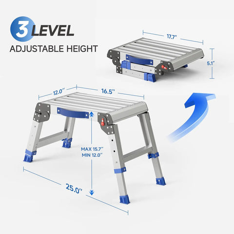 Foldable Aluminum Step Stool For Adults Portable Work Platform That Supports Up To 440 Pounds One Click Folding For Easy Storage Safe And Stable Rust Resistant Construction Great For Home Garage And Shop Tasks 3 level adjustable height