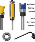 Five Piece 1/4 Inch Router Bit Bearing Kit with tools for shank, bottom mounted, showing yellow and blue inserts