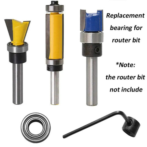 Five Piece 1/4 Inch Router Bit Bearing Kit with tools for shank, bottom mounted, showing yellow and blue inserts