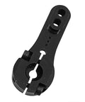 Close-up of black aluminum servo horn with adjustable split clamp, part of a 5 Pack 25T Aluminum Servo Horns With M3 Threads for RC vehicles.