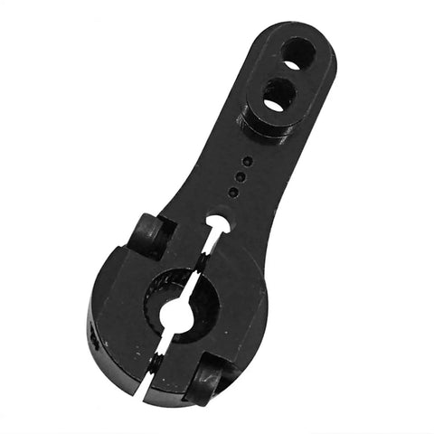 Close-up of black aluminum servo horn with adjustable split clamp, part of a 5 Pack 25T Aluminum Servo Horns With M3 Threads for RC vehicles.