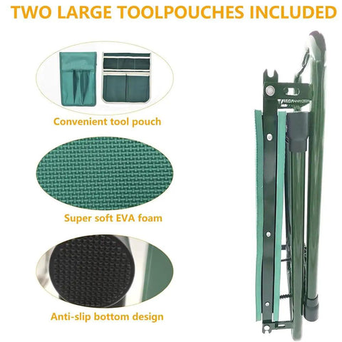 Versatile Garden Kneeler And Seat With Soft Kneeling Pad And Tool Pouches For Easy And Comfortable Kneeling Or Sitting While Gardening Grab And Go Portable Bench With Handles For Men Women And Seniors, showcasing foldable design and tool pouches.