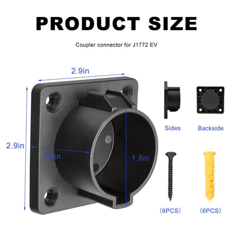 EV Charger Holder Wall Mount For SAE J1772 Connector dimensions with screws and expansion plugs shown.
