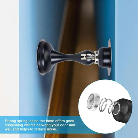 Solid Two Pack Black Magnetic Door Stop With Mounting Screws Holds Doors Tight And Catches Slamming Noise With Built In Spring Cushion For Easy Install showing spring cushioning system.