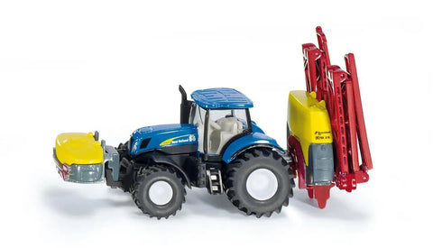 New Holland Tractor With Kverneland Crop Sprayer 1 To 87 Scale Metal And Plastic Blue Folding Boom Farm Toy side view