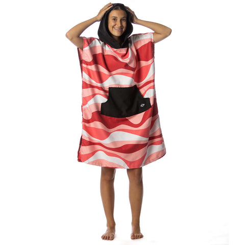Child wearing Kids Hooded Poncho Towel With Front Pocket Microfiber Quick Dry Swim Cover Up For Boys And Girls For Beach And Pool Absorbent