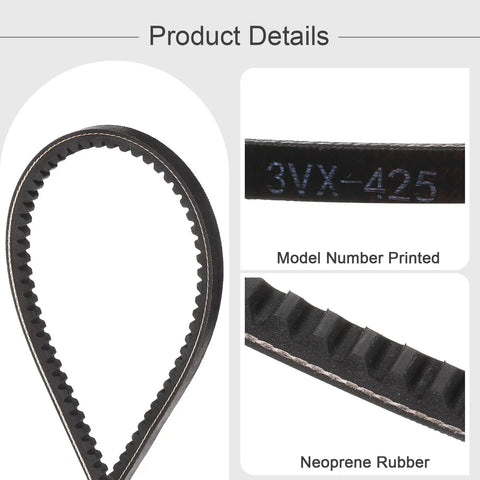 Detail images of 3VX425 Cogged V Belt Two Pack Raw Edge Industrial Rubber Drive Belt 42.5 Inch Length 0.38 Inch Width 0.32 Inch Thickness