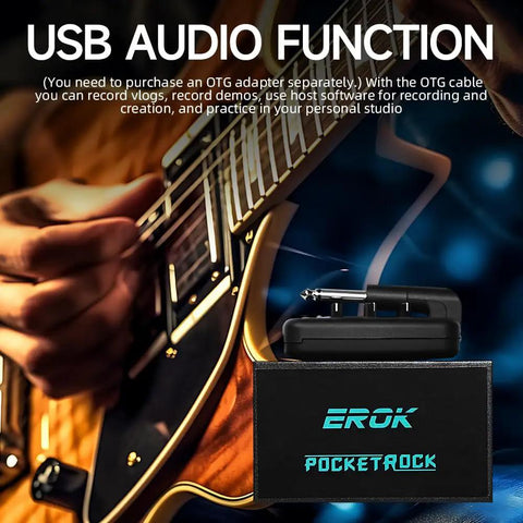 Guitar Headphone Amp With 9 Simulation Tones USB Rechargeable Pocket Effects Unit next to electric guitar in use