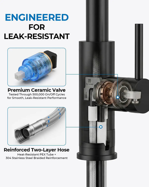 Close-up of Kitchen Faucet with Glass Rinser, Pull Down Sprayer, 3 Water Modes showing premium ceramic valve and reinforced hose.