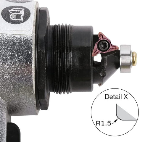 Close-up of mini pneumatic chamfering tool head with replaceable blade and metal body, showing 45° chamfer.