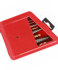 Heavy Duty Alloy Steel Screw Extractor Kit That Gets The Job Done With 10 High-Performance Left Hand Drill Bits For Pulling Stubborn Stripped Bolts And Fasteners Without A Hassle. Red case with alloy steel left hand drill bits for stripped bolt removal