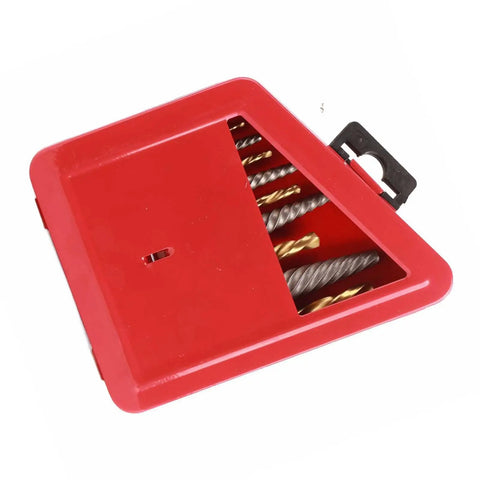 Heavy Duty Alloy Steel Screw Extractor Kit That Gets The Job Done With 10 High-Performance Left Hand Drill Bits For Pulling Stubborn Stripped Bolts And Fasteners Without A Hassle. Red case with alloy steel left hand drill bits for stripped bolt removal