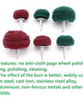 Professional Grade Kickass Hella Tough 6mm Shank Nylon Scouring Pad Polishing Brush For Rotary Tool Grinding Heavy Duty Deburring Electric Buffer Wheel Accessory In Red, set of different sizes.