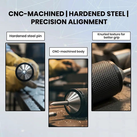 Universal Transfer Punch Center Aligner Tool Set For Precision Centering And Hole Transfer CNC Made Hardened Cone Guide With Knurled Grip Punch Tools Kit For Accurate Drilling And Alignment Set Of Both, close-up showing knurled grip and hardened steel pin