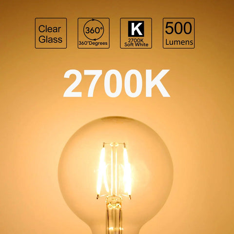 Dimmable G25 LED Globe Bulb 5W With Clear Vintage Filament, 2700K Soft White, close-up of glowing filament bulb