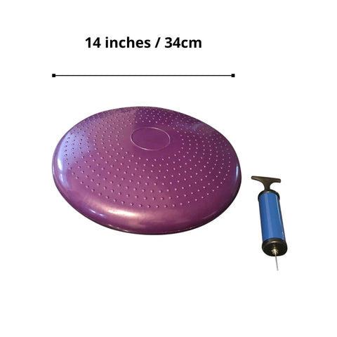 Balance Disc Cushion 14 Inch For Dogs With Pump And 2 Rehab Exercises shown with hand pump and dimensions.