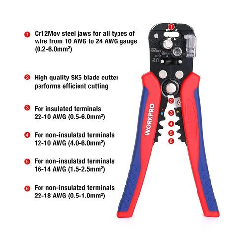Self Adjusting Wire Stripper And Crimper With Automatic Cutting For Copper And Aluminum Wire 8 Inch 3 In 1 Pliers with red and blue handles