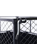 Close-up of latch on Heavy Duty Steel Dump Cart For ATVs And Tractors 22 Cu Ft Yard Trailer With Removable Sides.