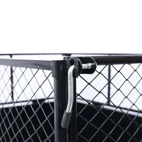 Close-up of latch on Heavy Duty Steel Dump Cart For ATVs And Tractors 22 Cu Ft Yard Trailer With Removable Sides.