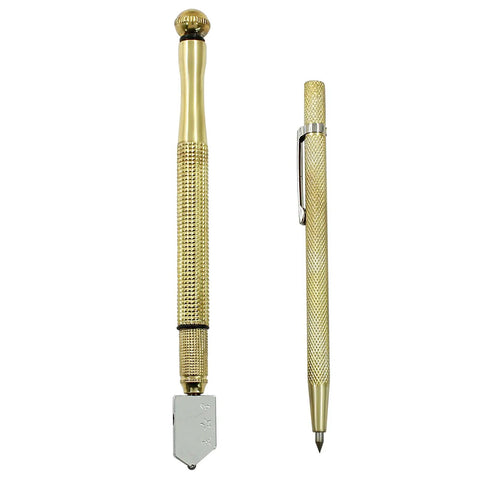 Pro Glass Cutter Kit With Legit Sharp Tungsten Scribe Engraving Pen and Ergonomic Pencil Handle, gold detailing, precision tools for crafts.