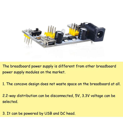 Dual Channel MB-102 Breadboard Power Supply Module 3.3V 5V Output For Arduino Projects, Plug And Play USB Or DC Powered, shown on white background